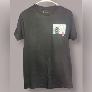Black Graphic Tee with Pagoda Design